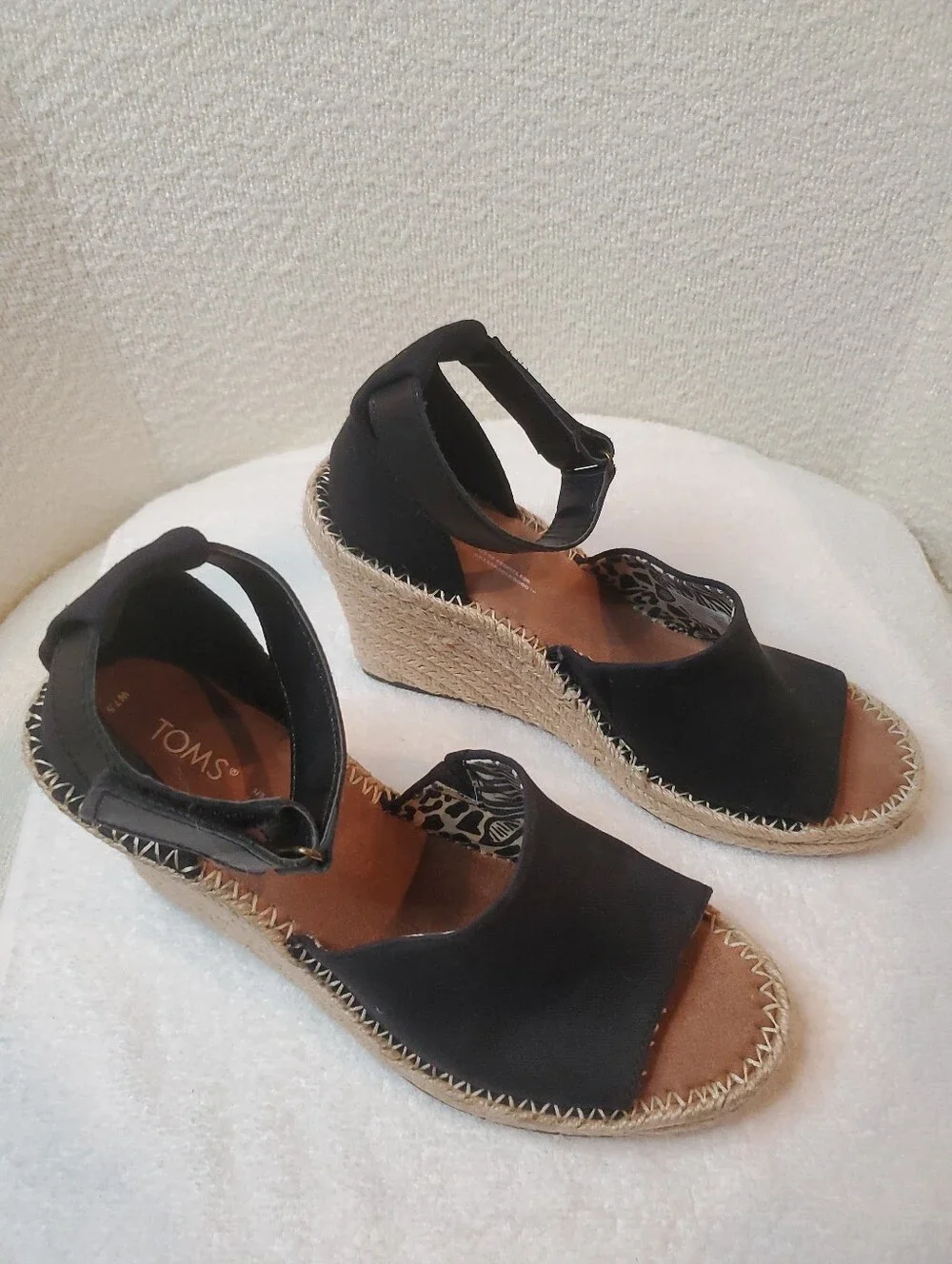 TOMS Marisol Black Canvas Espadrille Wedge Sandals Size 7.5  Comfort